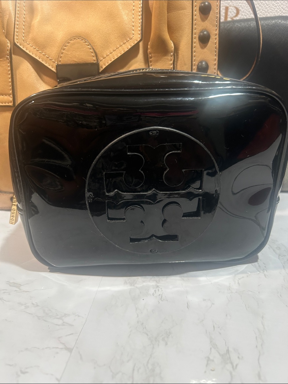 Tory Burch Black Patent Logo Camera Bag Pouch
